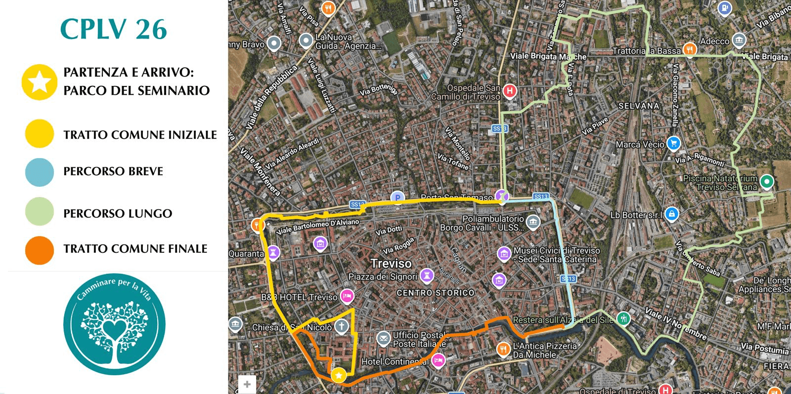 Mappa dei percorsi CPLV26: partenza e arrivo al Parco del Seminario, percorso breve e percorso lungo